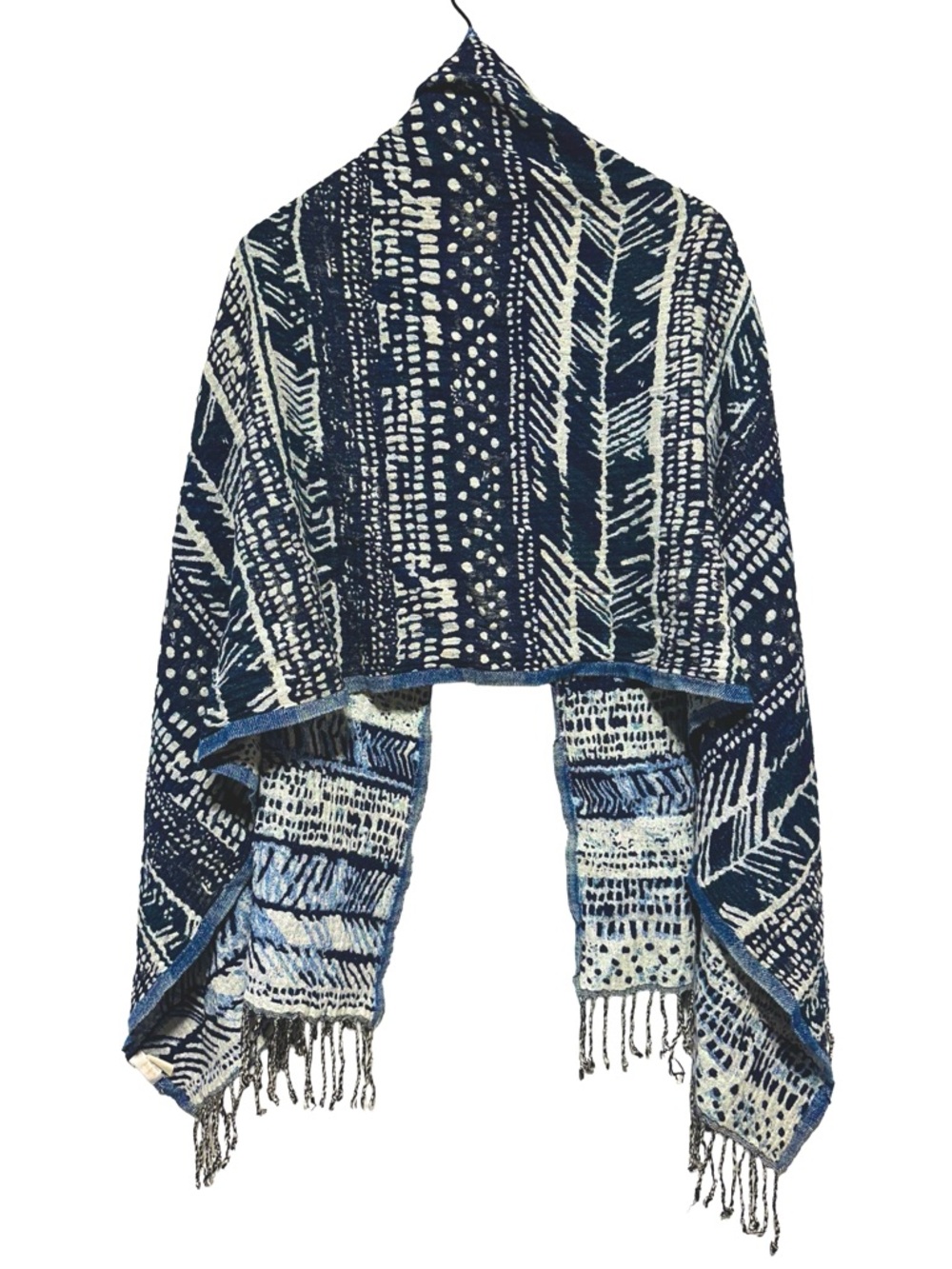 WILFRED Wool Scarf Tribal Indigo Boho Coastal Minimalist Fringe - Picture 6 of 7